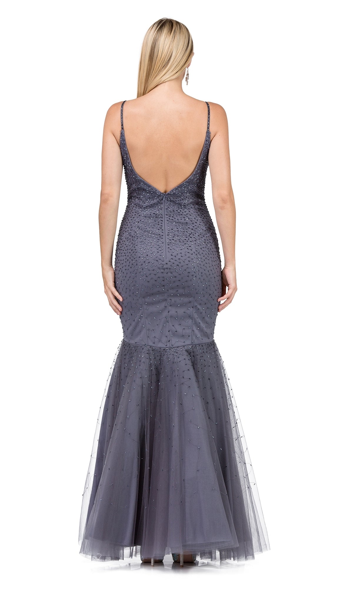A woman with long blonde hair models the Beaded Long Mermaid Prom Dress— a sleeveless, fitted gray gown with a deep back and tulle mermaid hem—standing facing away.