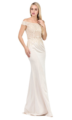 A woman poses against a white background wearing the Off-Shoulder Long Prom Dress with Beads, featuring a beaded bodice and floor-length cream skirt with elegant lace detailing.