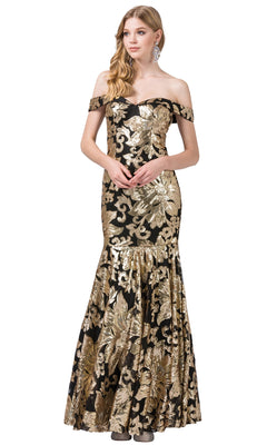 A woman in the Sequin-Print Off-the-Shoulder Long Formal Gown, featuring black fabric with gold floral sequin patterns, stands with her hands clasped.