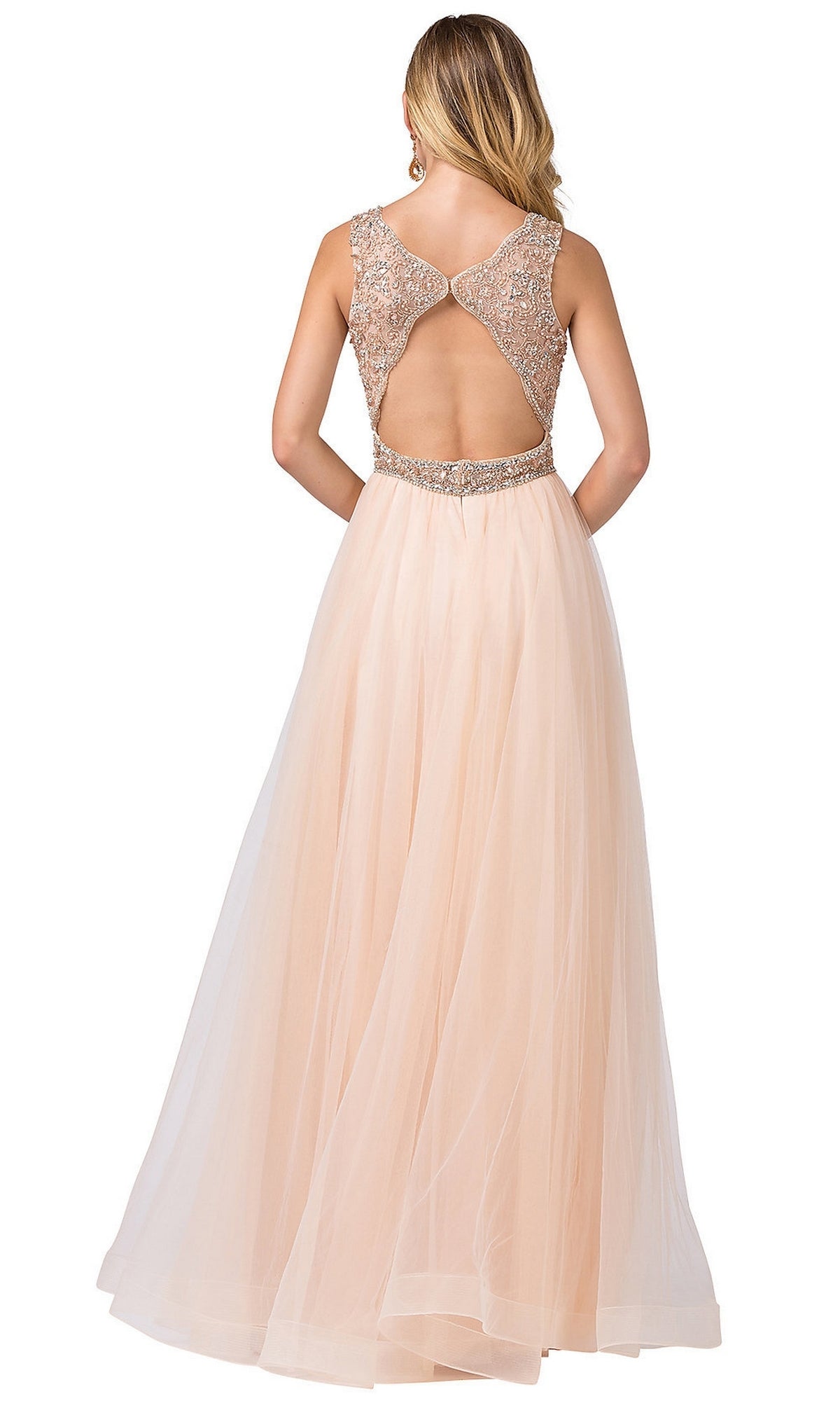 A woman wearing the Beaded-Bodice Long Prom Ball Gown with cut-out, a floor-length, sleeveless peach A-line evening dress featuring a sheer embellished back.