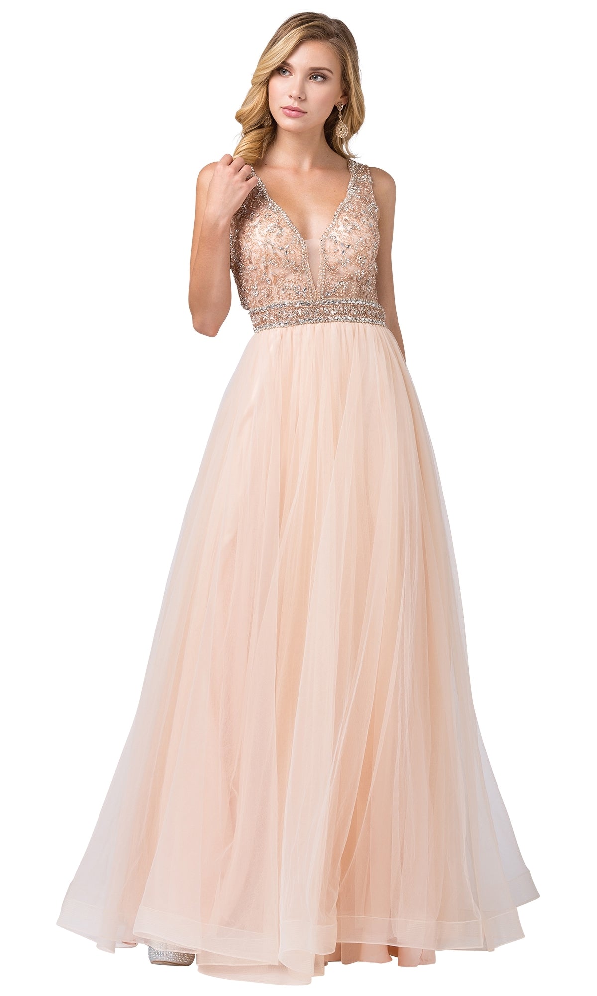 A woman stands against a white background wearing the Beaded-Bodice Long Prom Ball Gown with Cut-Out—a sleeveless, floor-length blush pink dress featuring an A-line tulle skirt and embellished bodice.