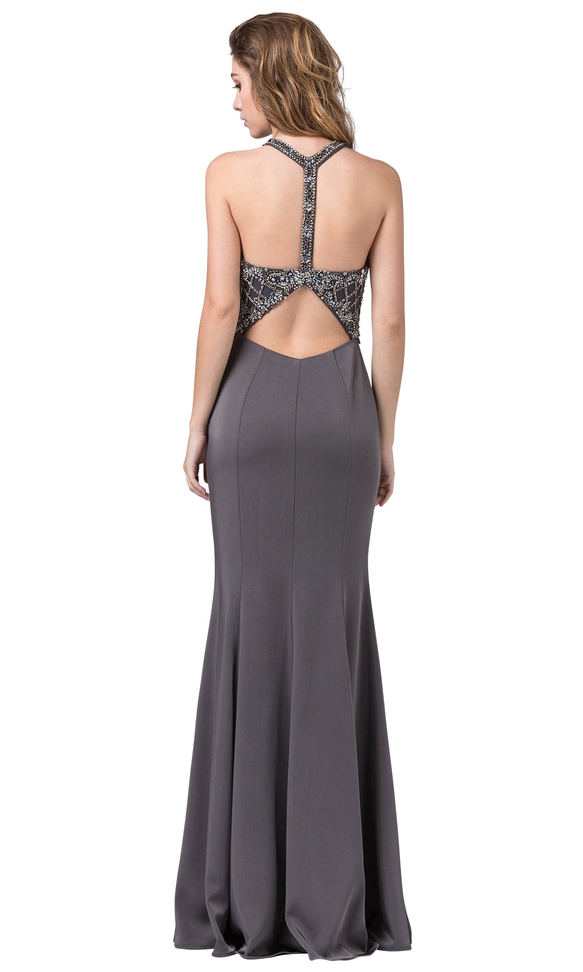 Sheer-Beaded-Bodice Dark Silver Long Prom Dress