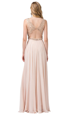 Woman wearing the Cut-Out-Back Scalloped V-Neck Long Prom Dress, a sleeveless, floor-length blush gown with an open back and lace details, standing and facing away from the camera.