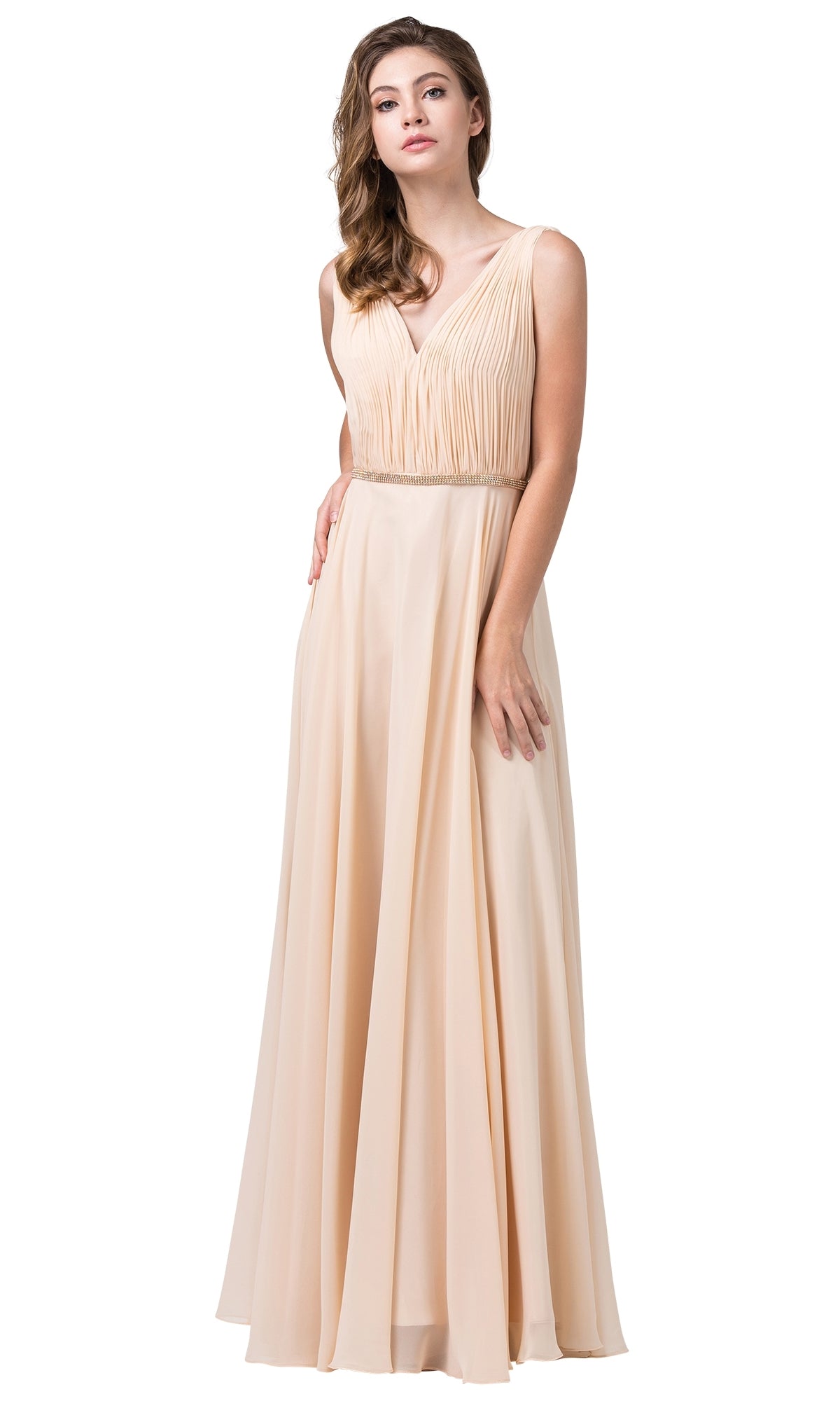 Woman wearing the Illusion-Sides Long A-Line Prom Dress with Pleats—an elegant, sleeveless, floor-length gown featuring a pleated bodice and fitted waist—posing against a white background.