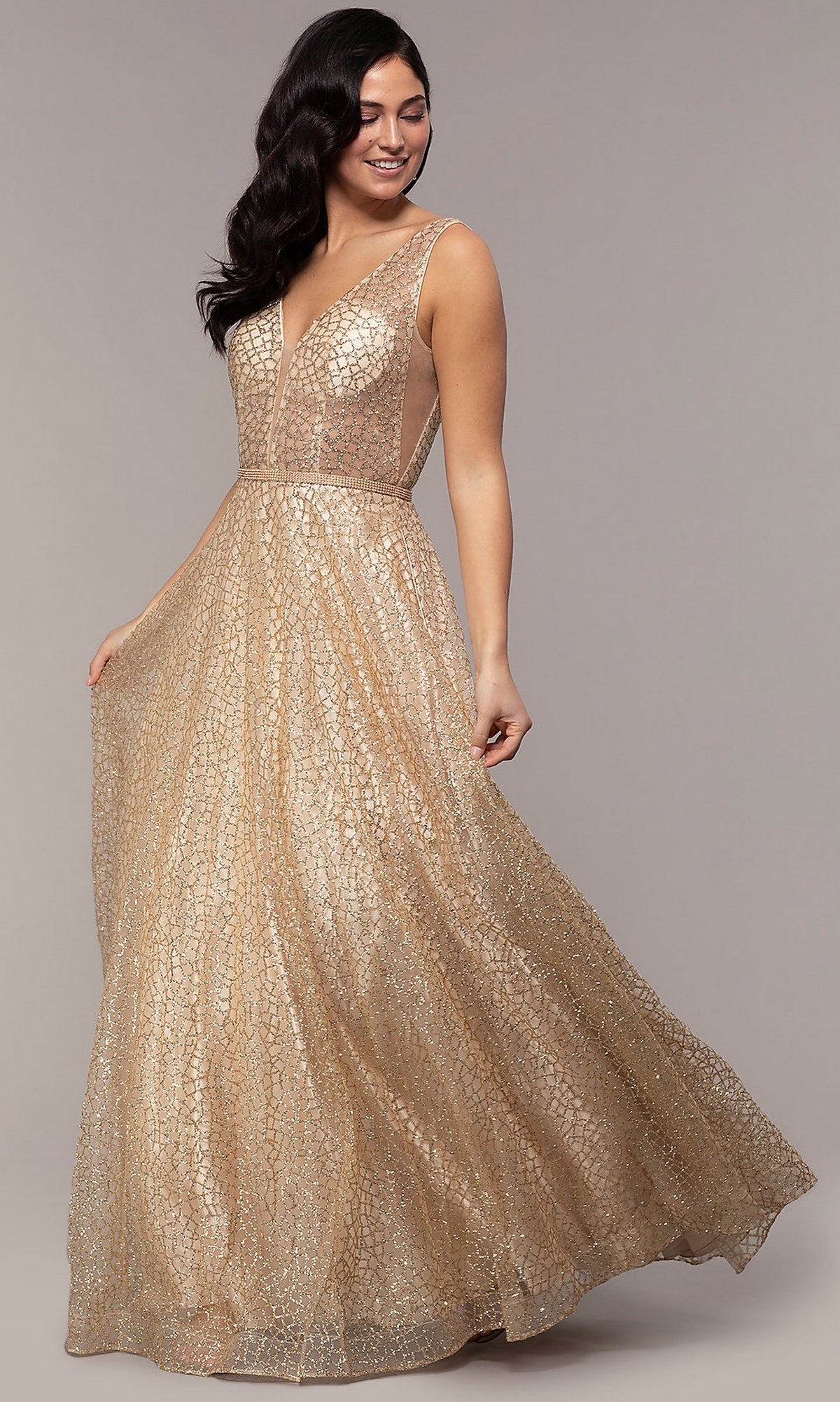 Glitter-Mesh V-Neck Formal Long Prom Dress