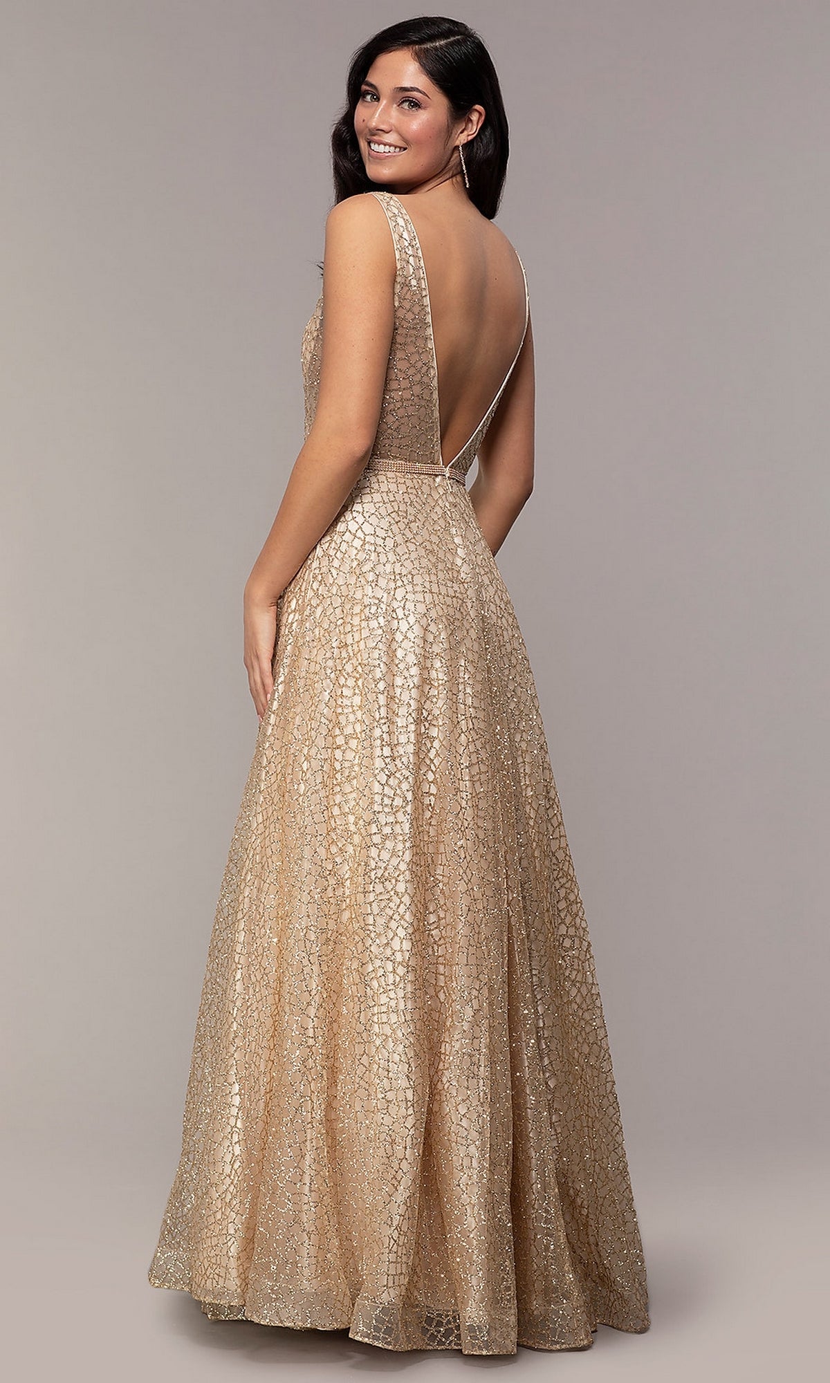 Glitter-Mesh V-Neck Formal Long Prom Dress