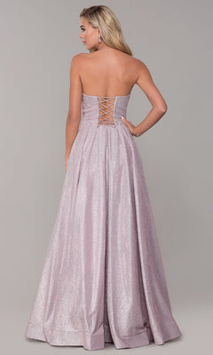 A woman models the Long Strapless Glitter Prom Dress with Corset Back, a floor-length, glitter-satin evening gown, against a plain gray background.