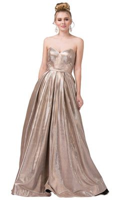 Woman wearing the Long Strapless Glitter Prom Dress with Corset Back, featuring metallic gold glitter-satin fabric, a sweetheart neckline, corset-back detail, and a full floor-length skirt.