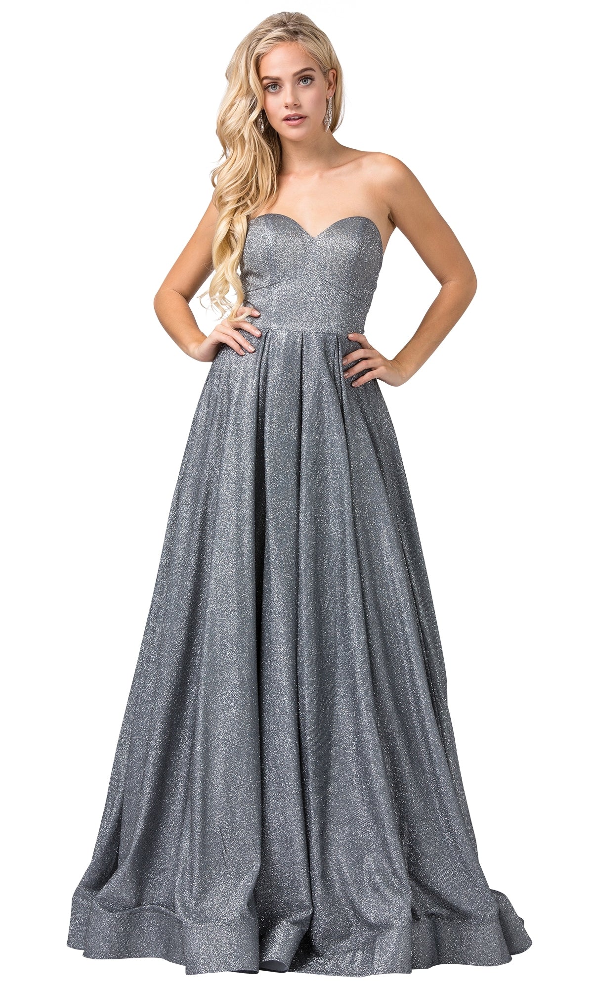 A woman models the Long Strapless Glitter Prom Dress with Corset Back, featuring a fitted bodice and full, floor-length skirt in shimmering silver satin, standing against a white background.