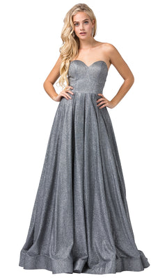 A woman models the Long Strapless Glitter Prom Dress with Corset Back, featuring a fitted bodice and full, floor-length skirt in shimmering silver satin, standing against a white background.