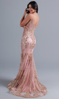 Pink Long Prom Dress with Rose Gold Embellishments