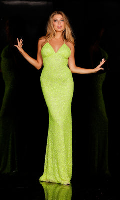 A woman poses in the Aleta Long Sequin Prom Dress with Strappy Back, a sleeveless, floor-length bright green evening gown covered in sequins, set against a black background.