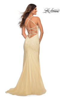 La Femme Beaded Long Prom Dress with Strappy Back