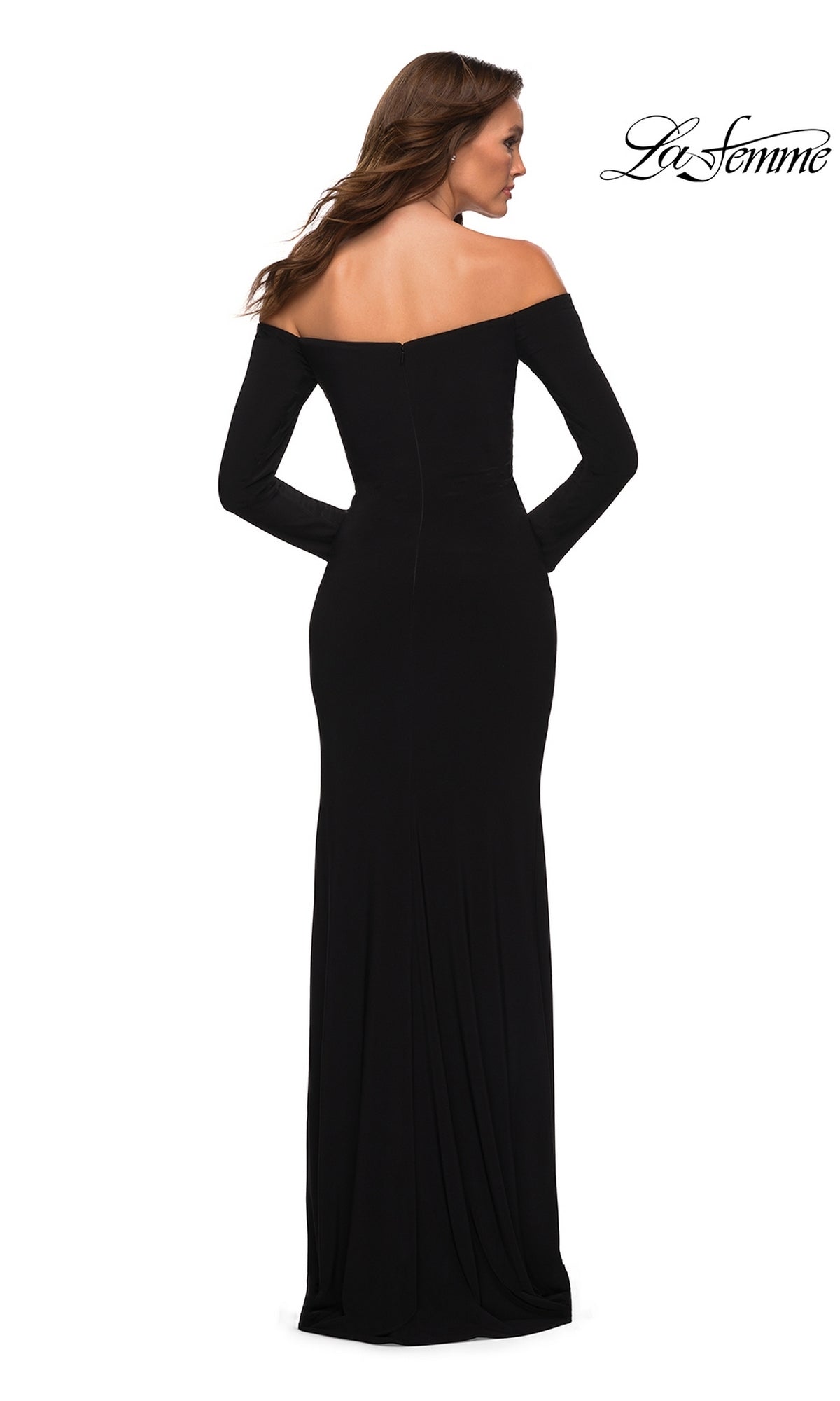 La Femme Long Sleeve Black Long Prom Dress