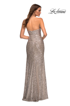 A woman is shown from the back wearing the La Femme Long Strapless Sequin Formal Prom Dress, a floor-length gown, against a white background. The "La Femme" logo appears in the top right corner.