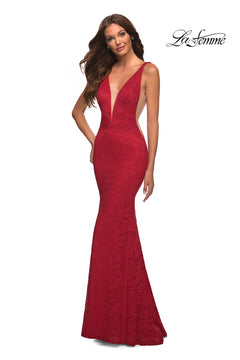 La Femme V-Back Long Lace Prom Dress - PromGirl La Femme V-Back Long Lace Prom Dress - PromGirl
