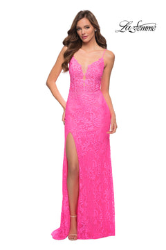 caught your attention maxi dress Open-Back La Femme Long Neon Lace Prom Dress -PromGirl Neon Pink / 10