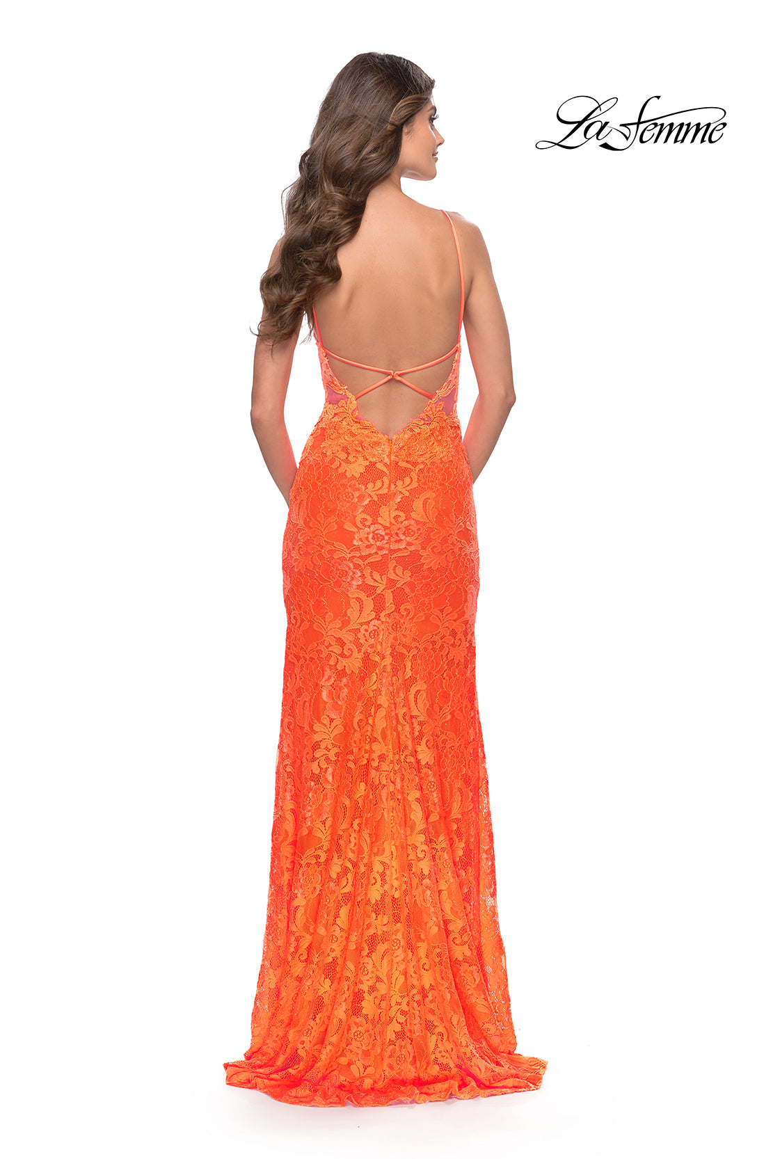 La Femme Open-Back Long Neon Lace Prom Dress