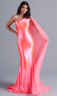 PromGirl One-Shoulder-Sash Neon Long Prom Dress