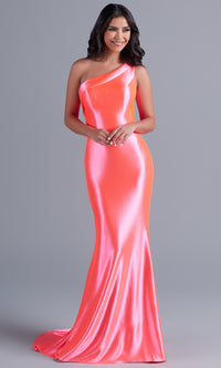 PromGirl One-Shoulder-Sash Neon Long Prom Dress