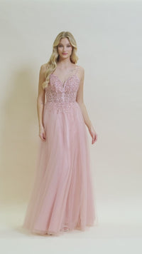 Beaded-Sheer-Bodice Rose Gold Prom Ball Gown