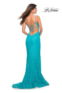 La Femme Stretch Lace Long Strappy-Back Prom Dress