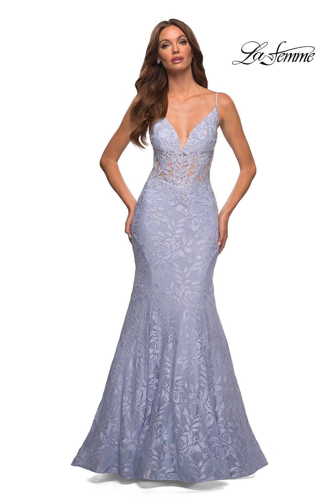 La Femme Lace Sheer-Waist Long Mermaid Prom Dress