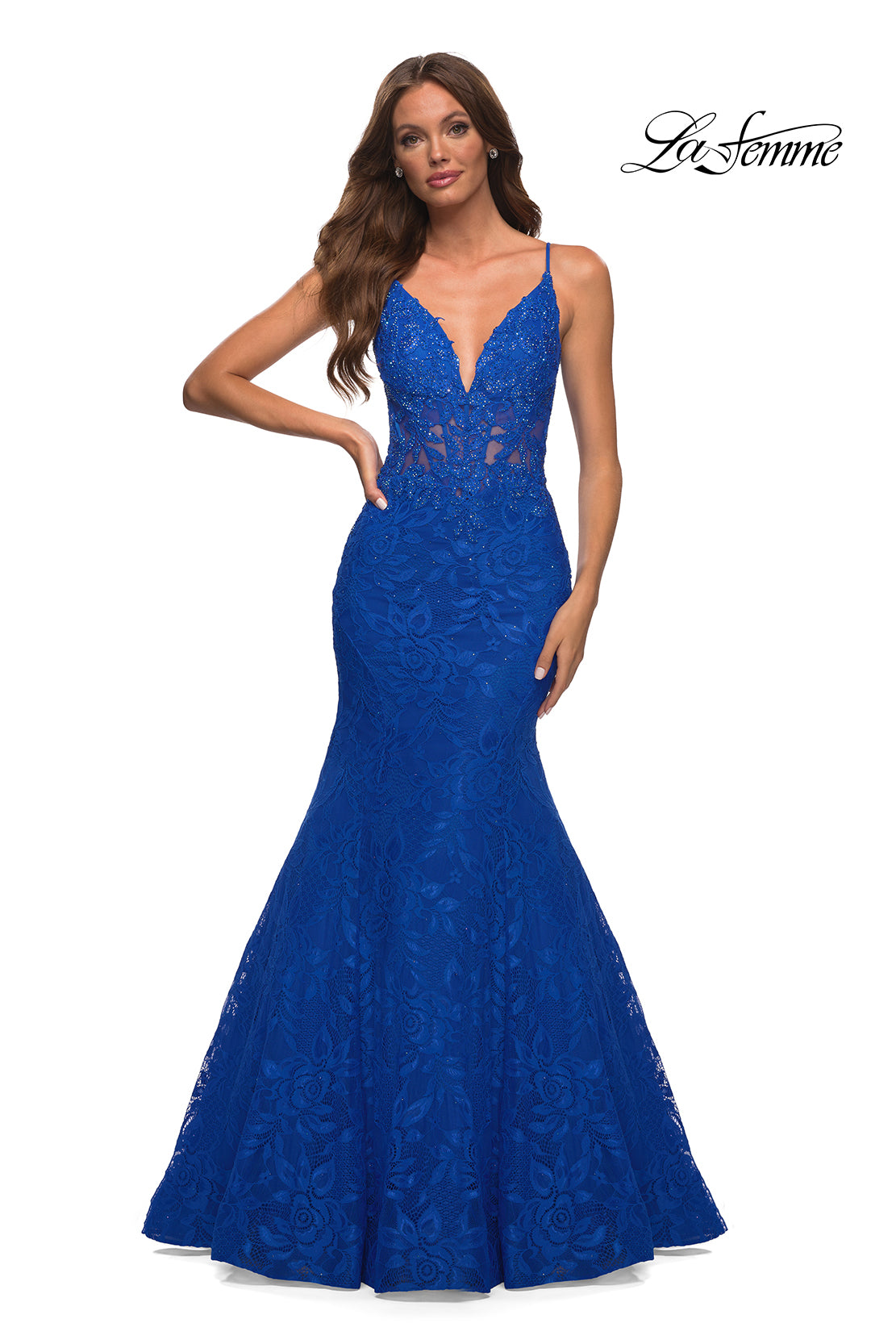 La Femme Lace Sheer-Waist Long Mermaid Prom Dress