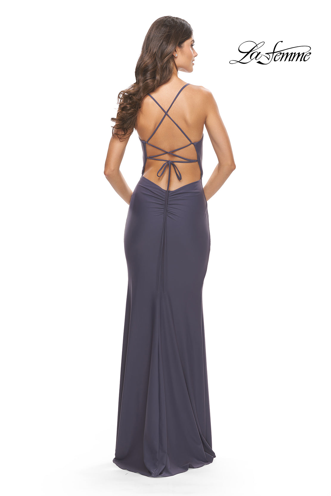 La Femme Simple Long Prom Dress with Lace-Up Back