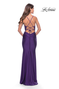 La Femme Long Prom Dress with Sheer Lace Bodice