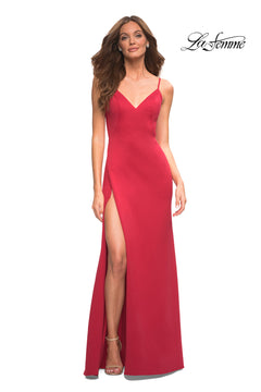 Woman wearing the Simple Long V-Neck Prom Dress by La Femme, a sleeveless, floor-length gown with thin straps and a thigh-high slit, standing against a white background with the La Femme logo in the top right corner.