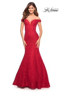 La Femme Off-the-Shoulder Long Lace Prom Dress