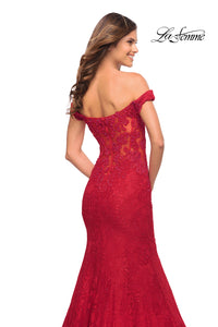 La Femme Off-the-Shoulder Long Lace Prom Dress