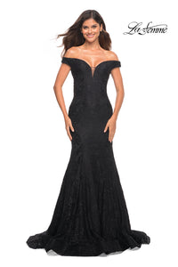 La Femme Off-the-Shoulder Long Lace Prom Dress