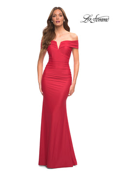 tight red off the shoulder dress Off-the-Shoulder La Femme Long Formal Dress