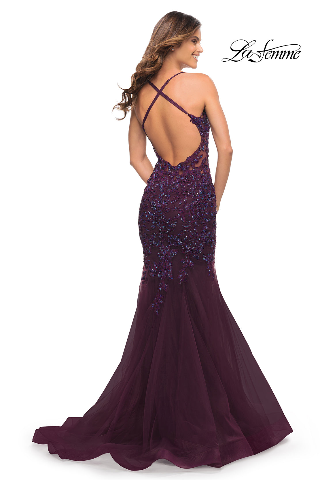 Backless Long Lace Mermaid Prom Dress by La Femme