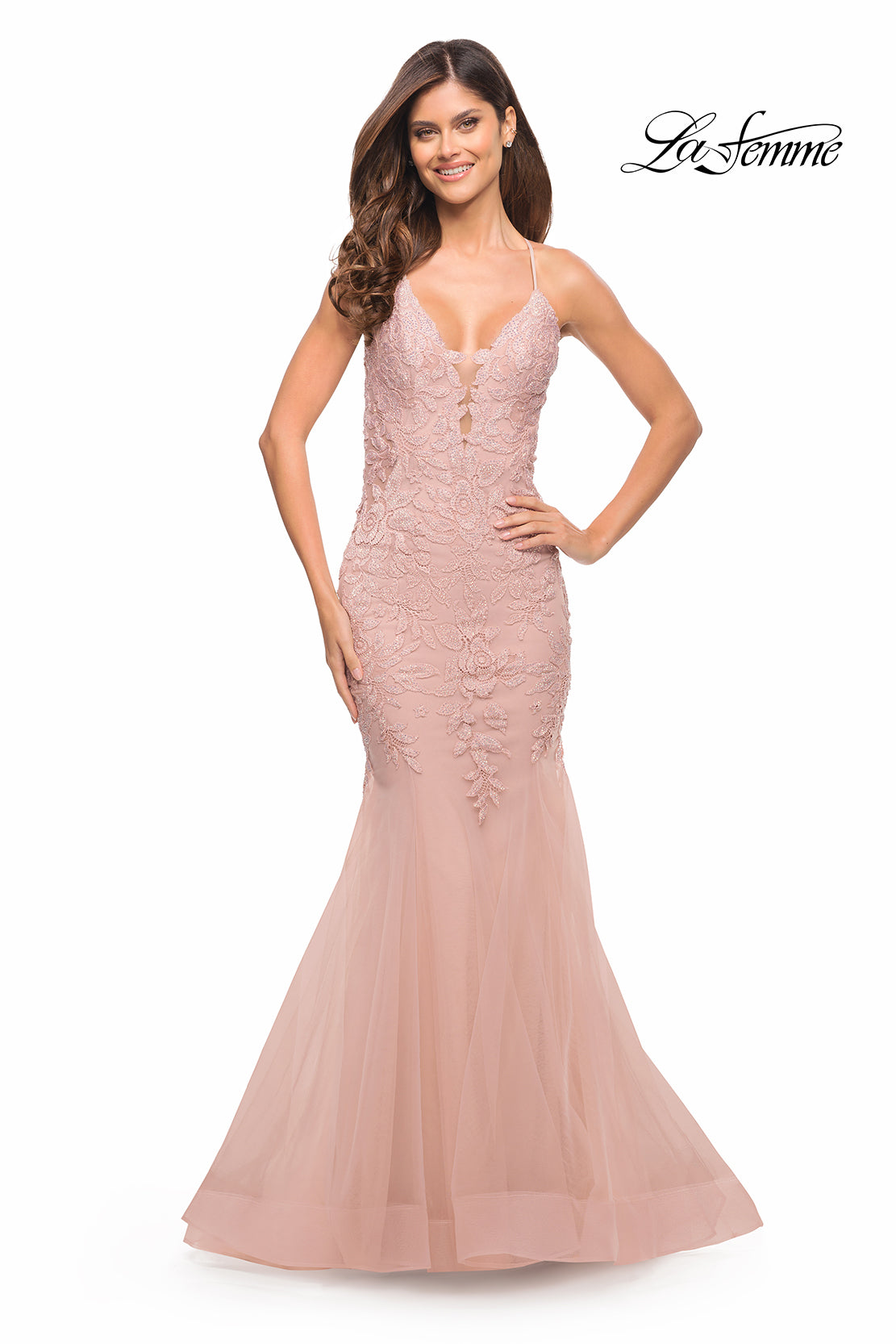 Backless Long Lace Mermaid Prom Dress by La Femme
