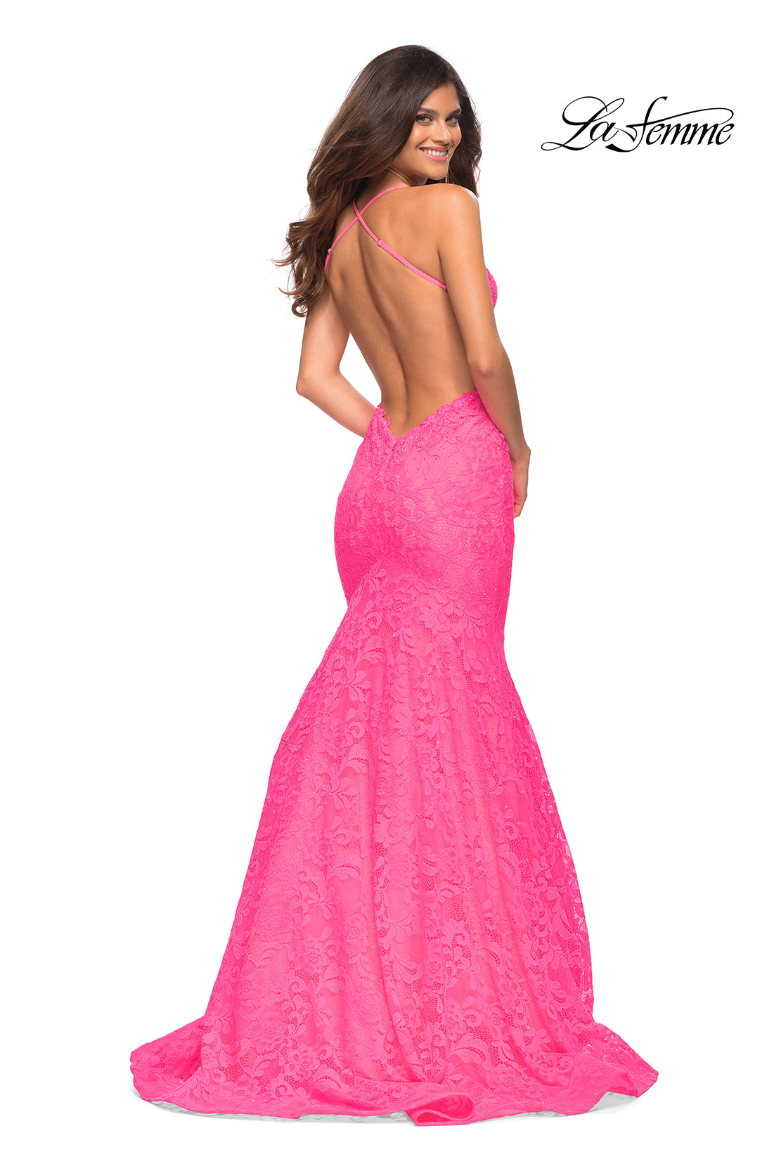 Backless La Femme Long Neon Pink Mermaid Prom Gown