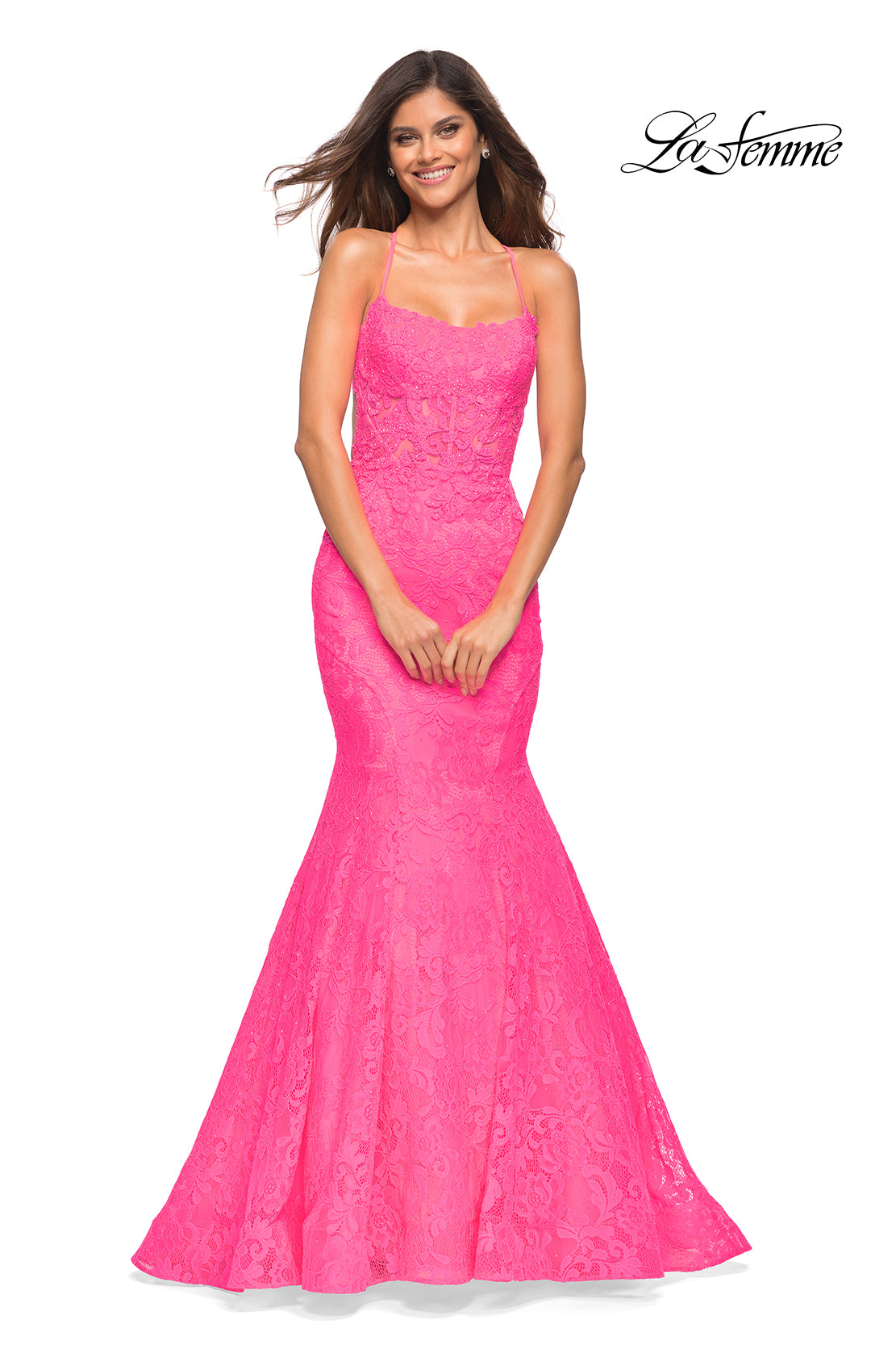 Backless La Femme Long Neon Pink Mermaid Prom Gown