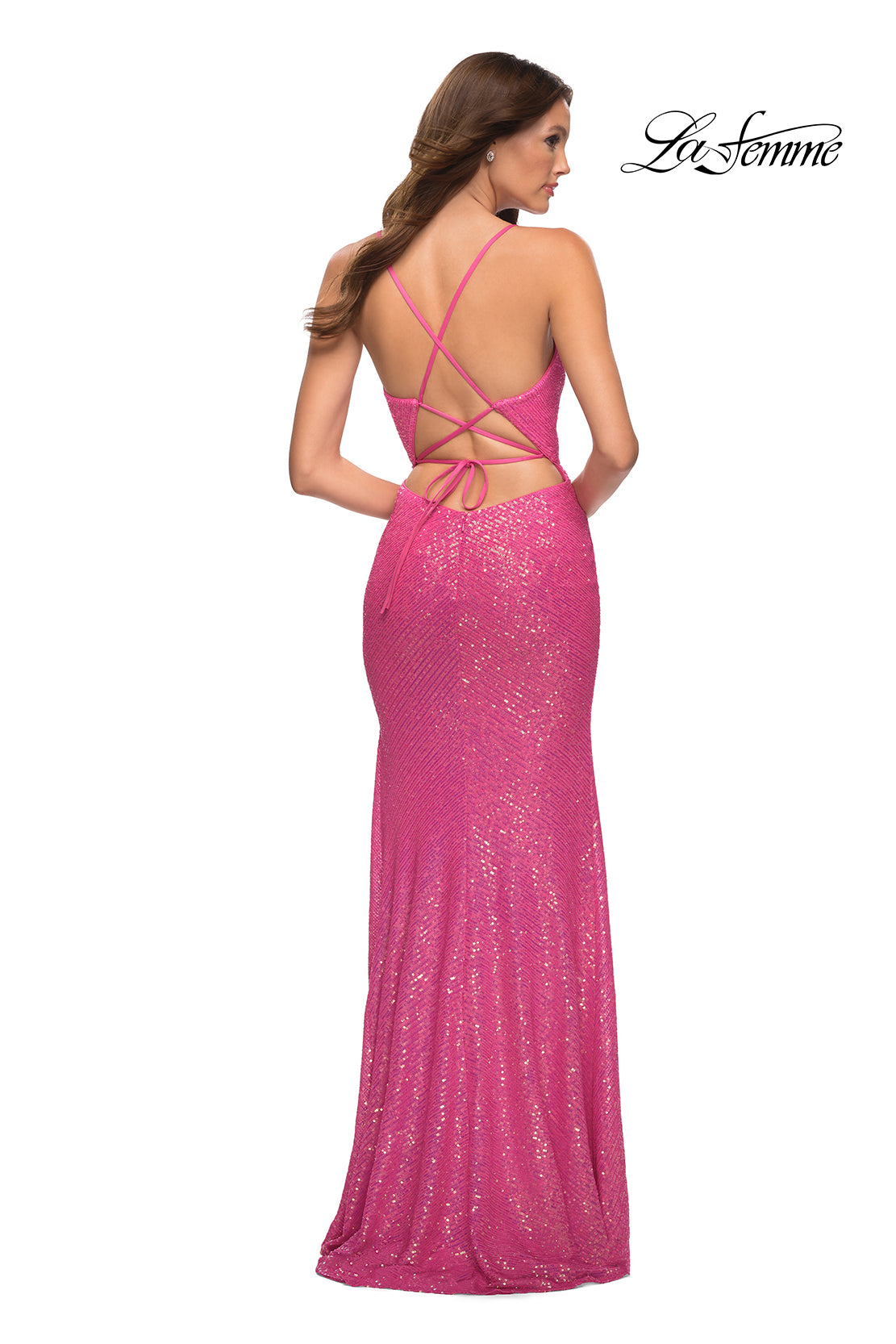 La Femme Sequin Hot Pink Long Prom Dress