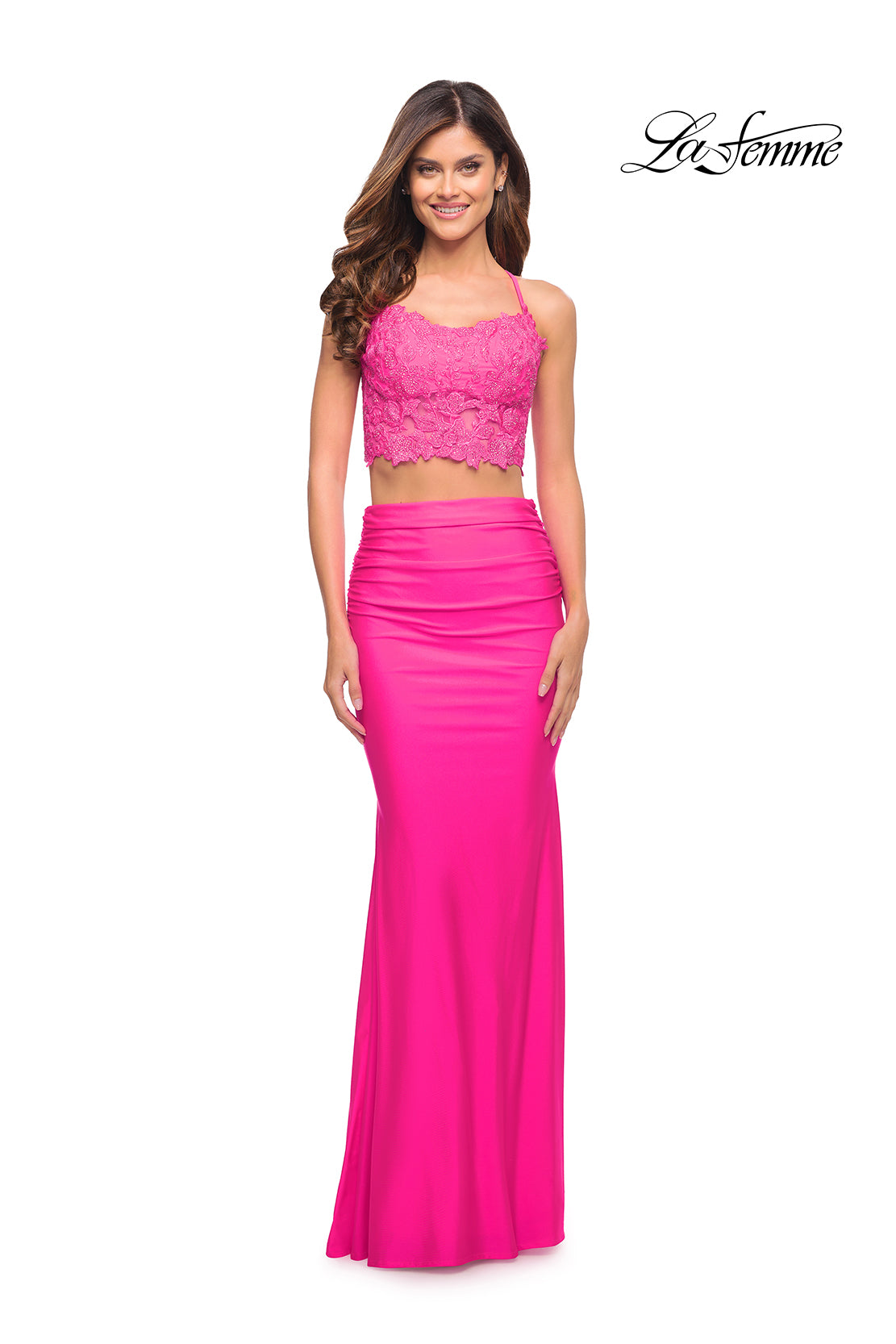 Neon Pink Two-Piece Long La Femme Prom Dress