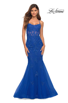 A woman models the La Femme Long Lace Designer Mermaid Prom Dress in bright royal blue with sequin details against a white background. The "La Femme" logo is displayed in the top right corner.