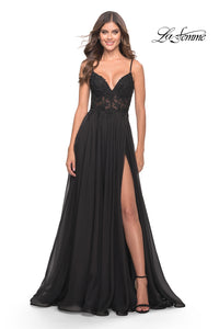 La Femme Long A-Line Prom Dress with Sheer Bodice