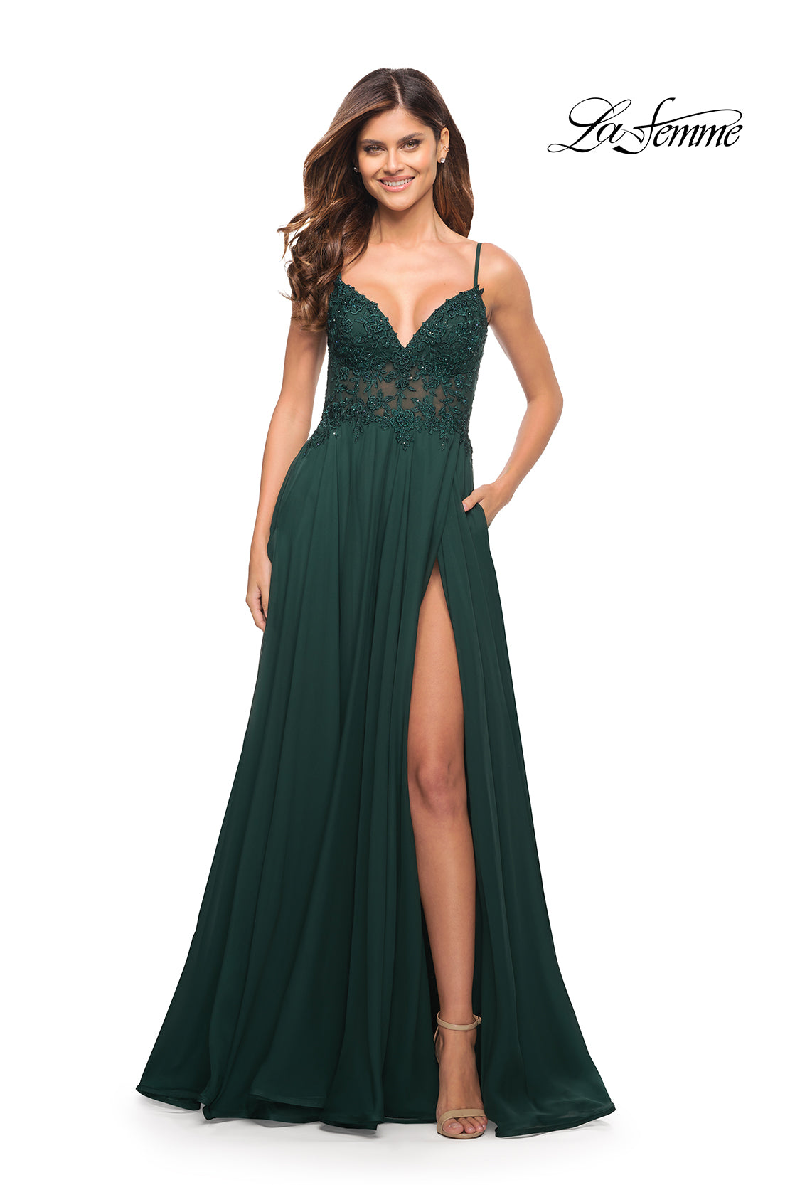 La Femme Long A-Line Prom Dress with Sheer Bodice