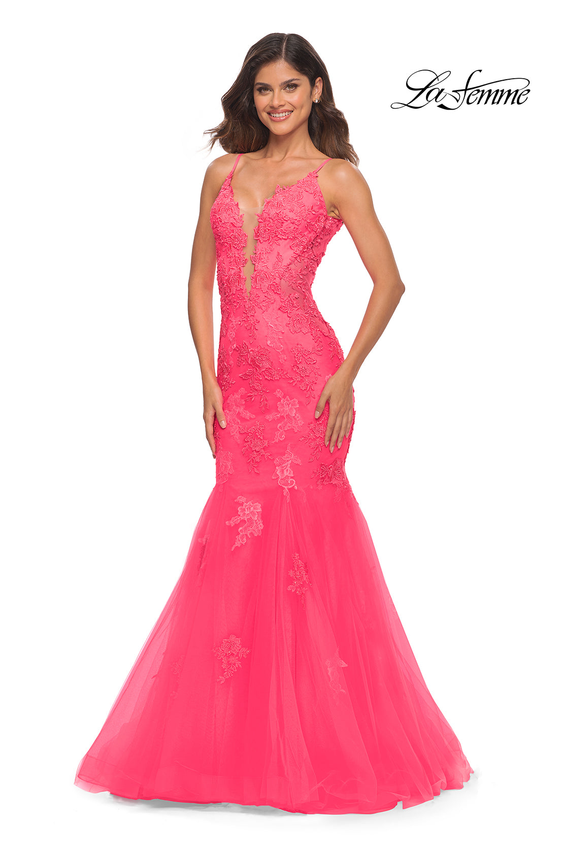 La Femme Neon Pink Long Mermaid Prom Dress