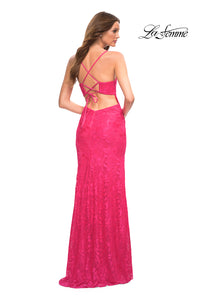 Neon Pink Long Lace La Femme Designer Prom Dress