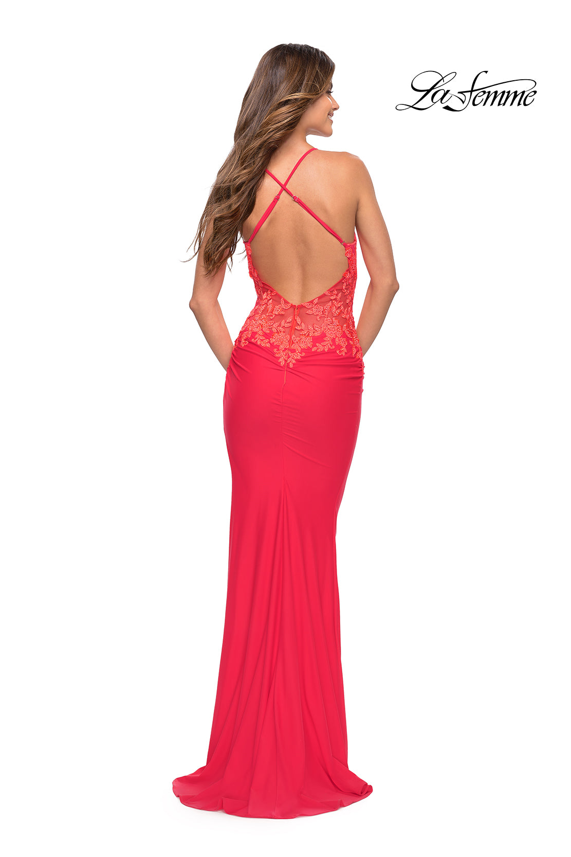 Backless Hot Coral Long Prom Dress by La Femme