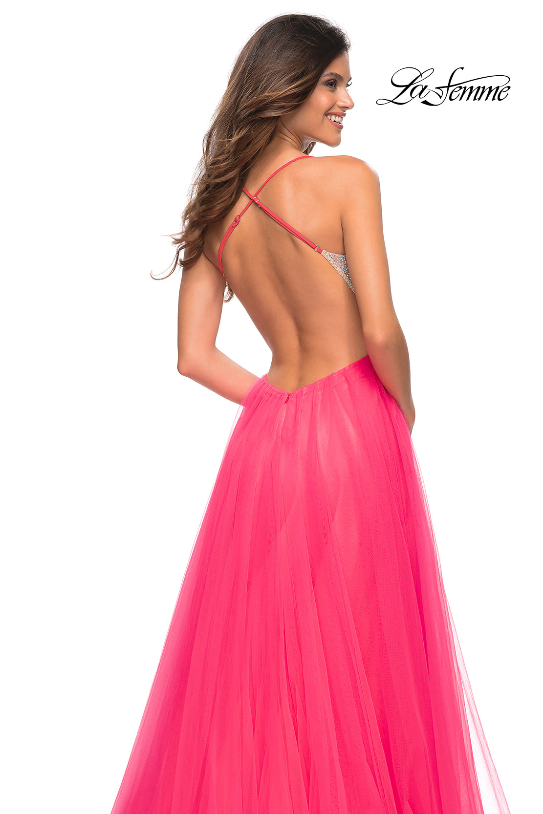 La Femme Neon Pink Long Tulle Prom Dress