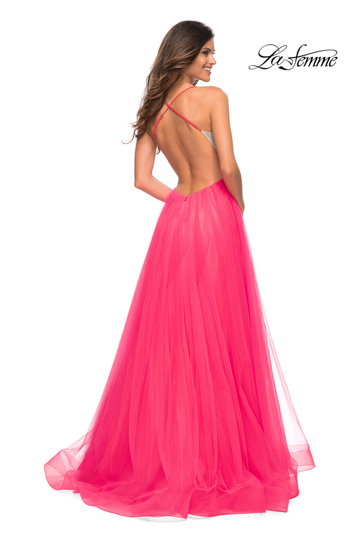 La Femme Neon Pink Long Tulle Prom Dress