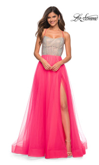 La Femme Neon Pink Long Tulle Prom Dress